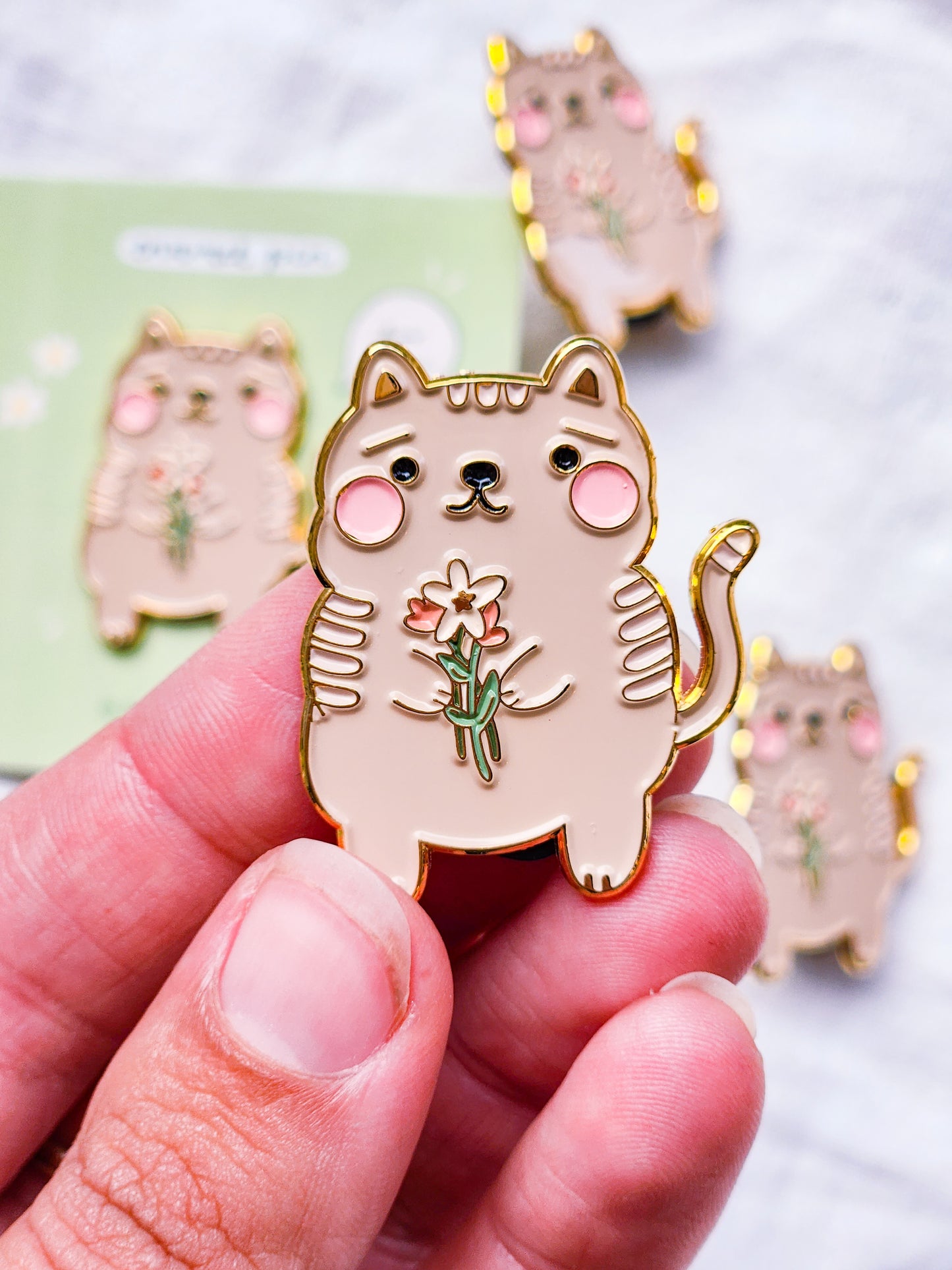Cat Holding Flowers Enamel Pin