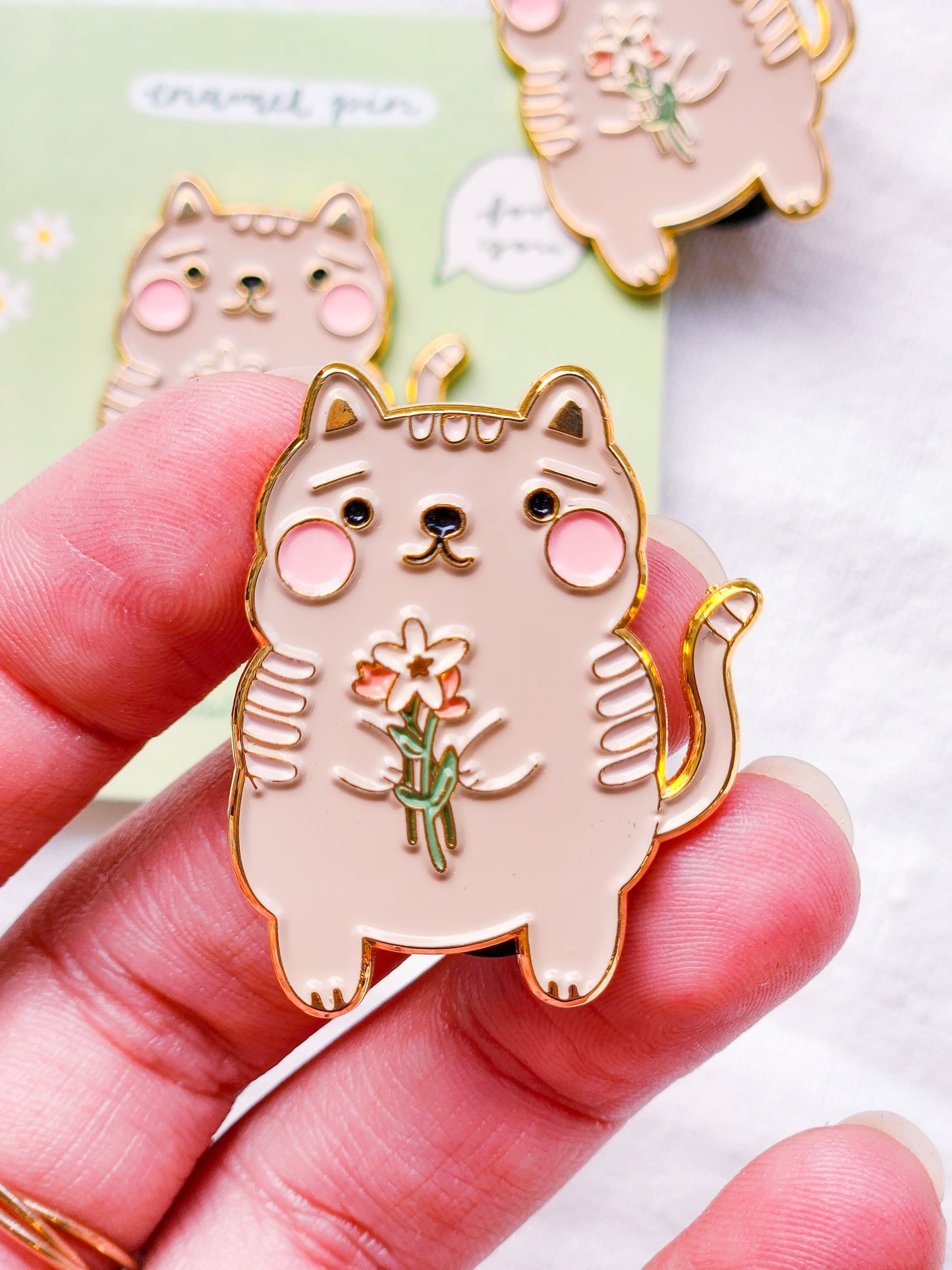 Cat Holding Flowers Enamel Pin