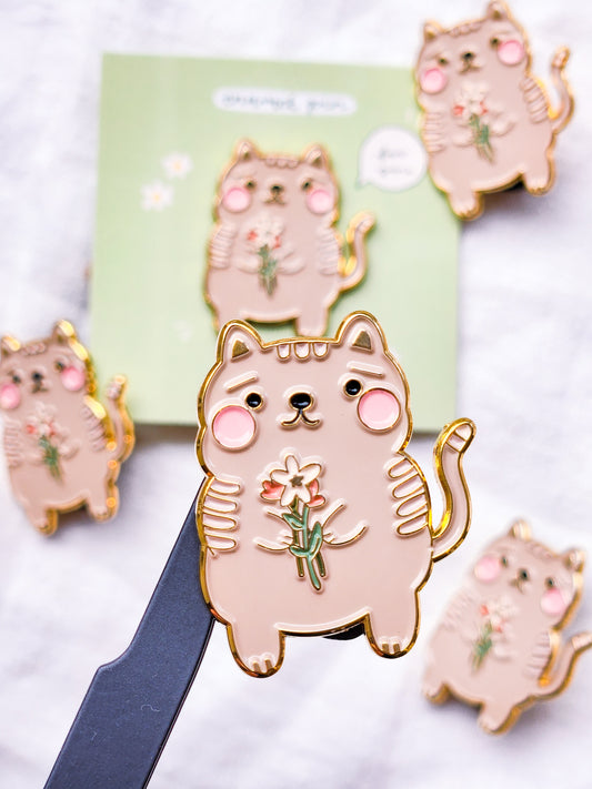 Cat Holding Flowers Enamel Pin